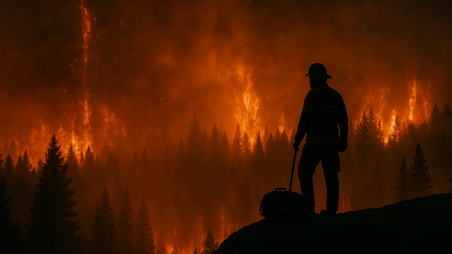 Firefighter standing on a rocky cliff overlooking a raging forest wildfire at sunset, symbolizing bravery and resilience — perfect background for Oscar Unlimited Fire Gear's veteran-trusted firefighter, EMS, and tactical bags.