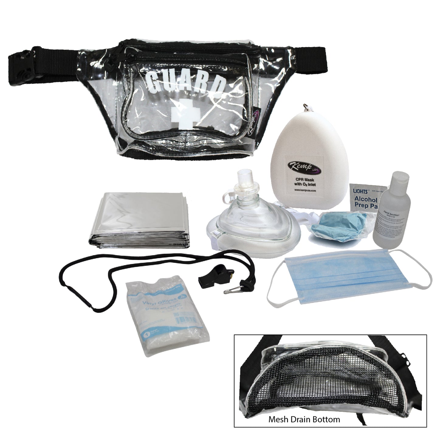 Kemp USA Hip Pack with Mesh Drain, GUARD Logo, PPE Supply Pack, Clear EMS First Aid Equipment