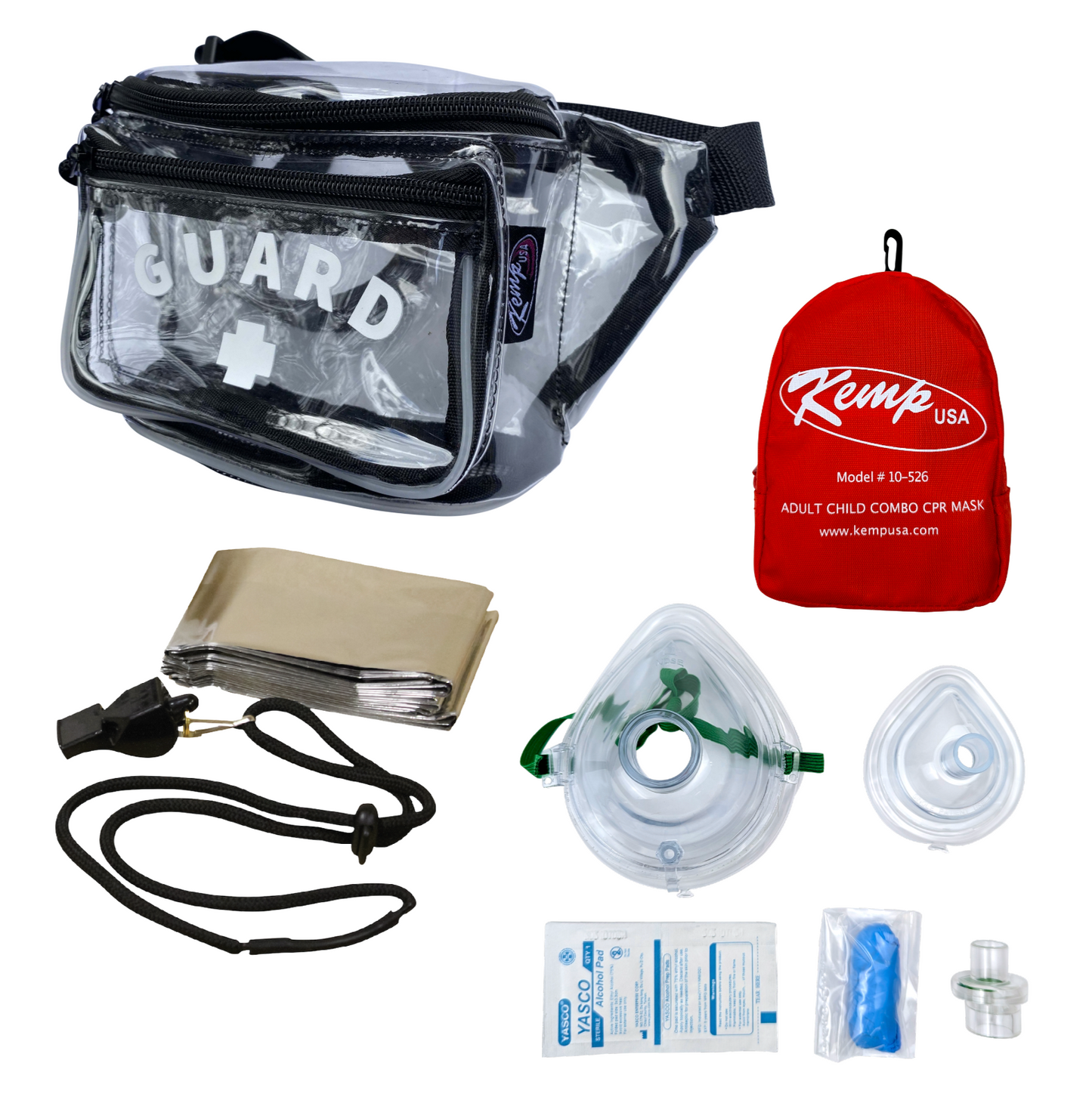 Kemp USA Hip Pack with Mesh Drain, GUARD Logo, Lifeguard Essentials Supply Pack & Adult/Child & Infant CPR Mask, Clear EMS First Aid Equipment
