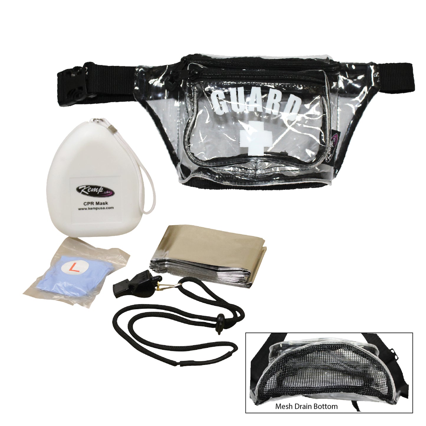 Kemp USA Hip Pack with Mesh Drain, GUARD Logo, Lifeguard Essentials Supply Pack, Clear EMS First Aid Equipment