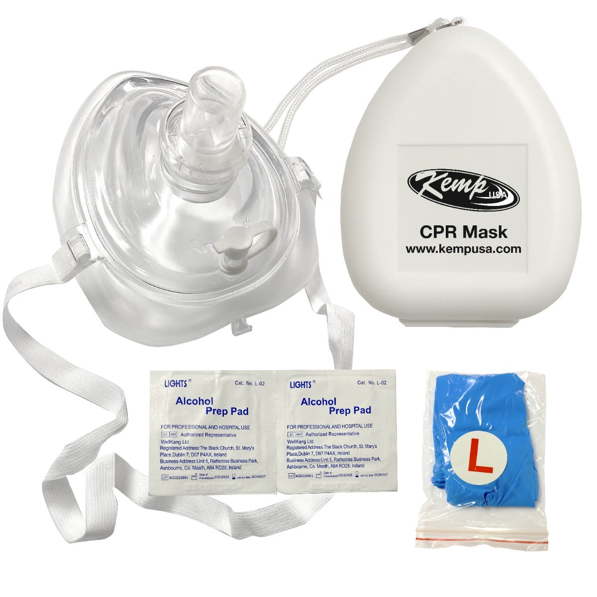 Kemp USA CPR Mask with O2 Inlet Headstrap Gloves and Wipes