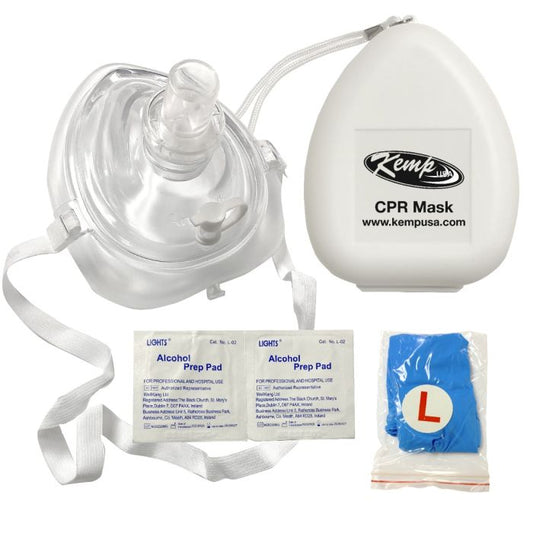 Kemp USA CPR Mask with O2 Inlet Headstrap Gloves and Wipes