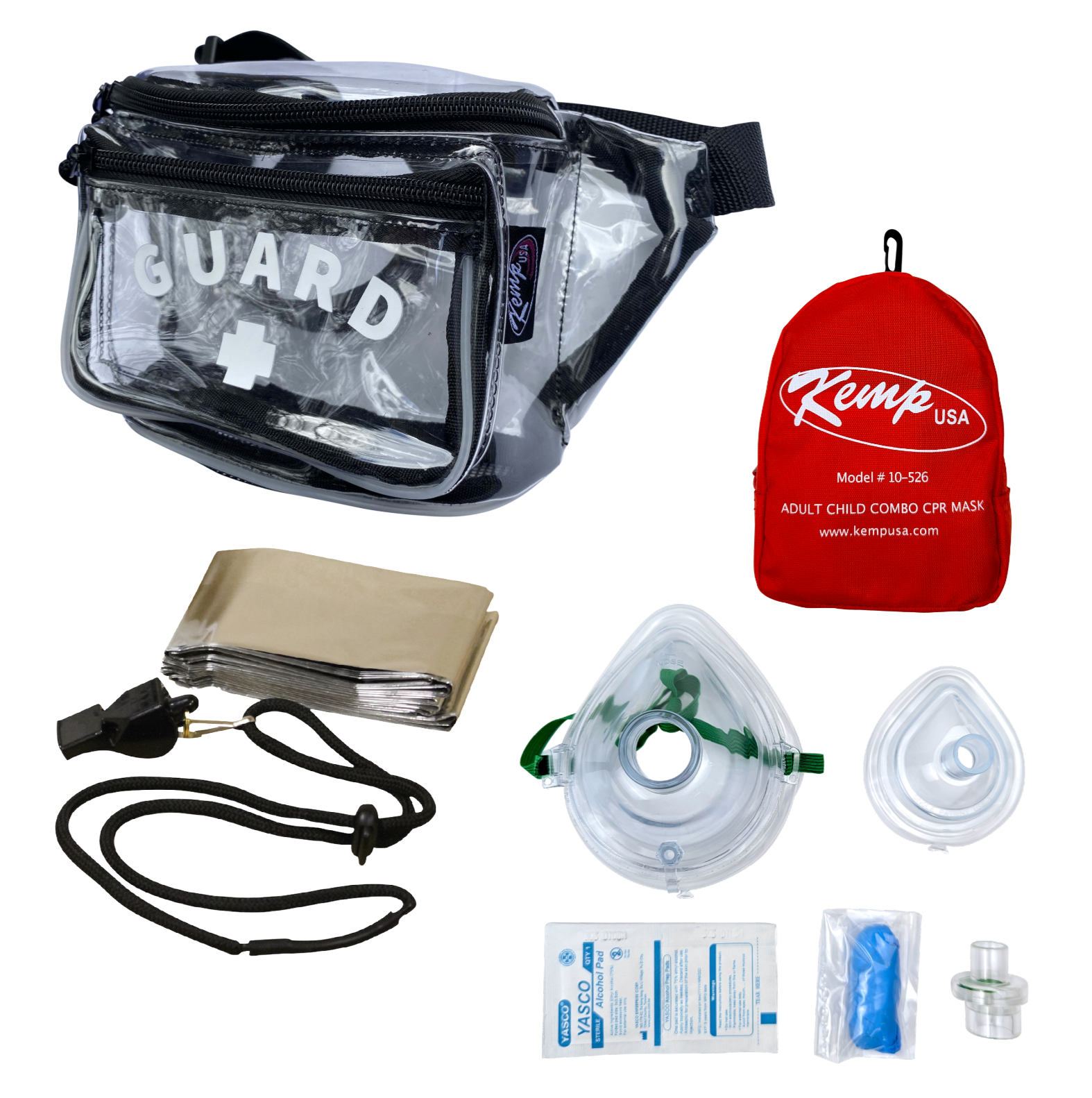 Kemp USA Hip Pack with Mesh Drain, GUARD Logo, Lifeguard Essentials Supply Pack & Adult/Child & Infant CPR Mask, Clear EMS First Aid Equipment