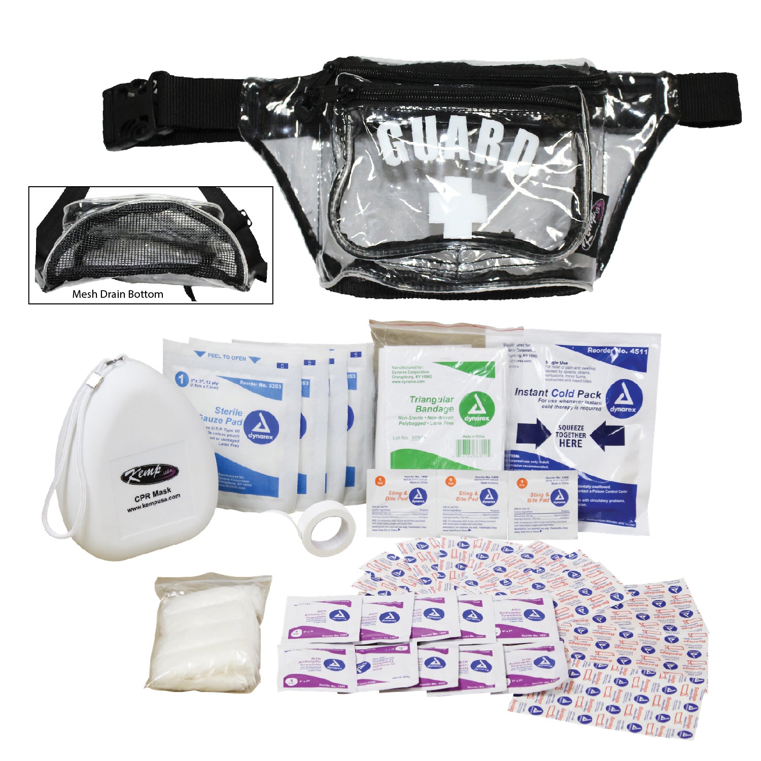 Kemp USA Hip Pack with Mesh Drain, GUARD Logo, First Aid Supply Pack, Clear EMS First Aid Equipment