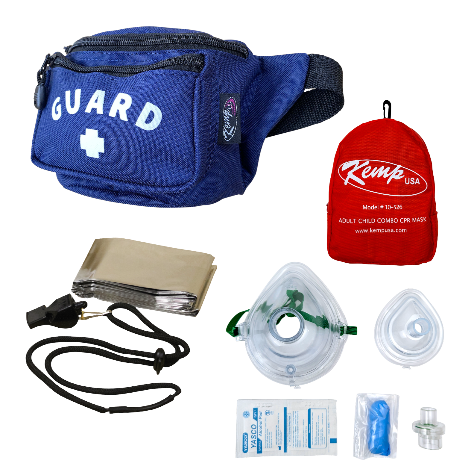 Kemp USA Hip Pack with Lifeguard Essentials Supply Pack & Adult/Child & Infant CPR Mask, Navy EMS First Aid Equipment