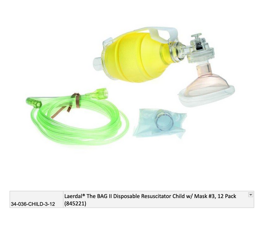 Laerdal® The BAG II Disposable Resuscitator Child w/ Mask #3, 12 Pack (845221) EMS First Aid Equipment