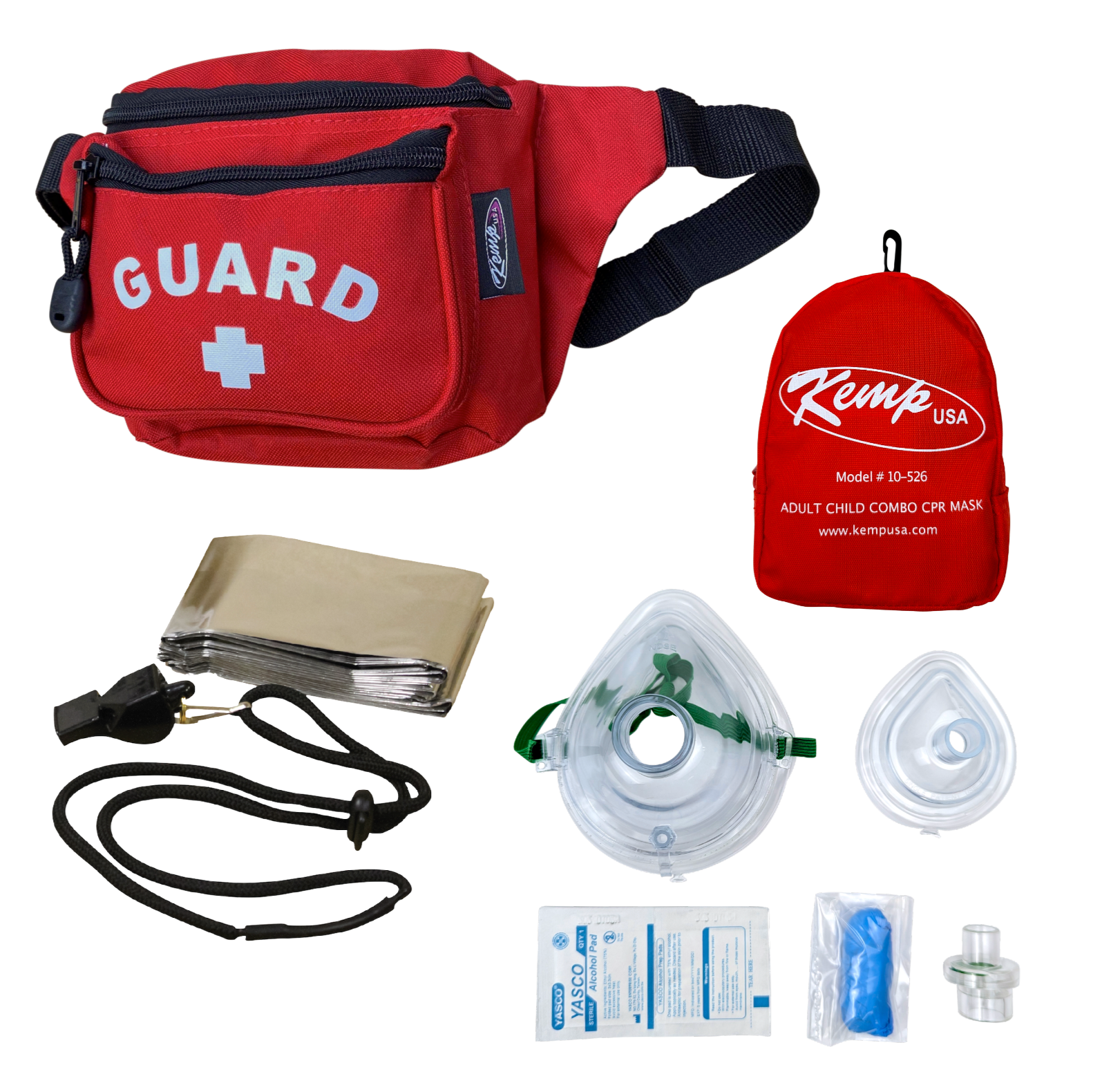 Kemp USA Hip Pack with Lifeguard Essentials Supply Pack & Adult/Child & Infant CPR Mask, Red EMS First Aid Equipment